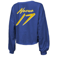 Puka Nacua Majestic Threads Women's Off-Shoulder Script Player Name & Number Cropped Long Sleeve V-Neck T-Shirt - Los Angeles Rams