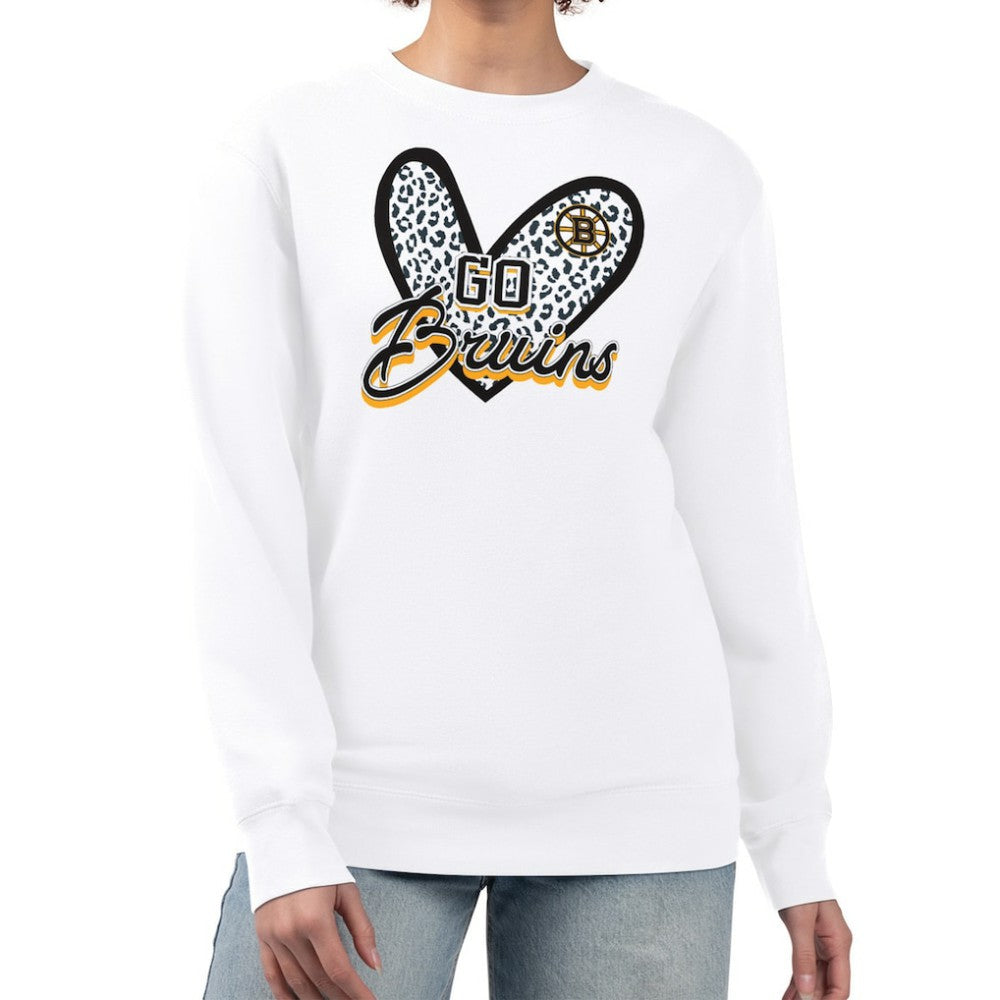 NHL White Boston Bruins G-III 4Her by Carl Banks Women's Animal Print Heart Fleece Pullover Sweatshirt