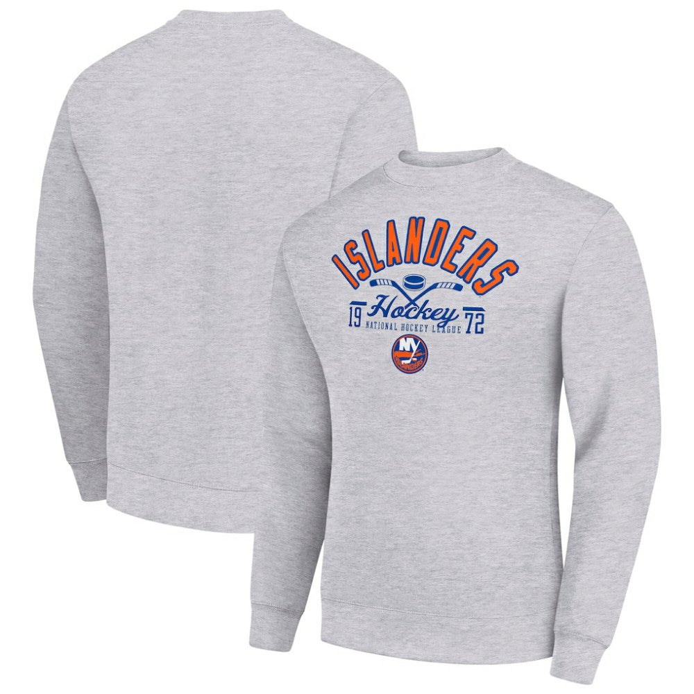NHL Heather Gray New York Islanders Starter Stick And Puck Logo Fleece Pullover Sweatshirt