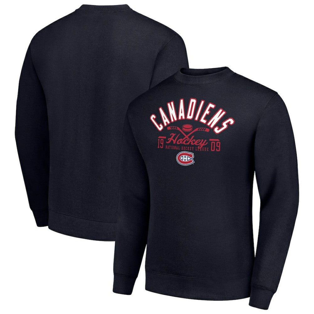NHL Navy Montreal Canadiens Starter Stick And Puck Logo Fleece Pullover Sweatshirt