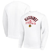 NHL White Chicago Blackhawks Starter Stick And Puck Logo Fleece Pullover Sweatshirt