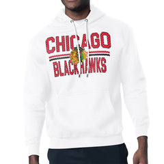 NHL White Chicago Blackhawks Starter Mesh Look Team Name Logo Tri-Blend Pullover Hoodie