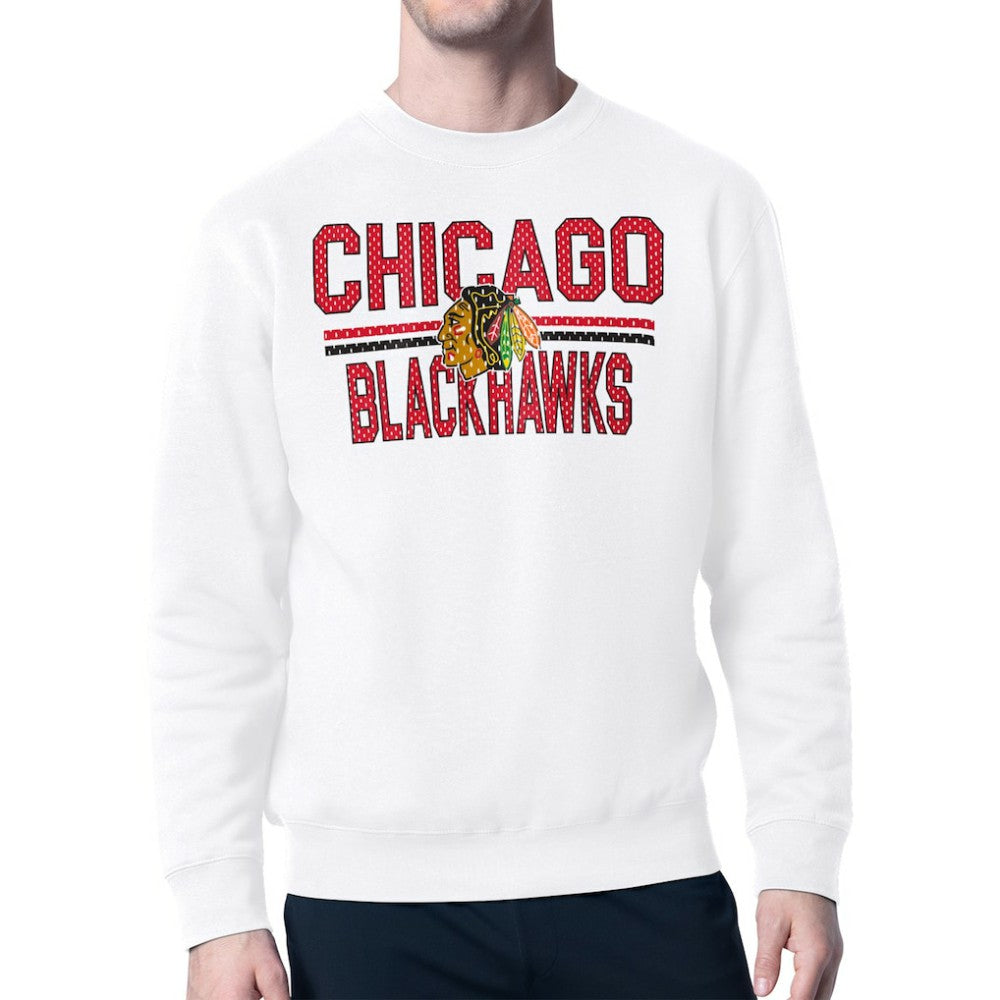 NHL White Chicago Blackhawks Starter Mesh Look Team Name Logo Pullover Sweatshirt