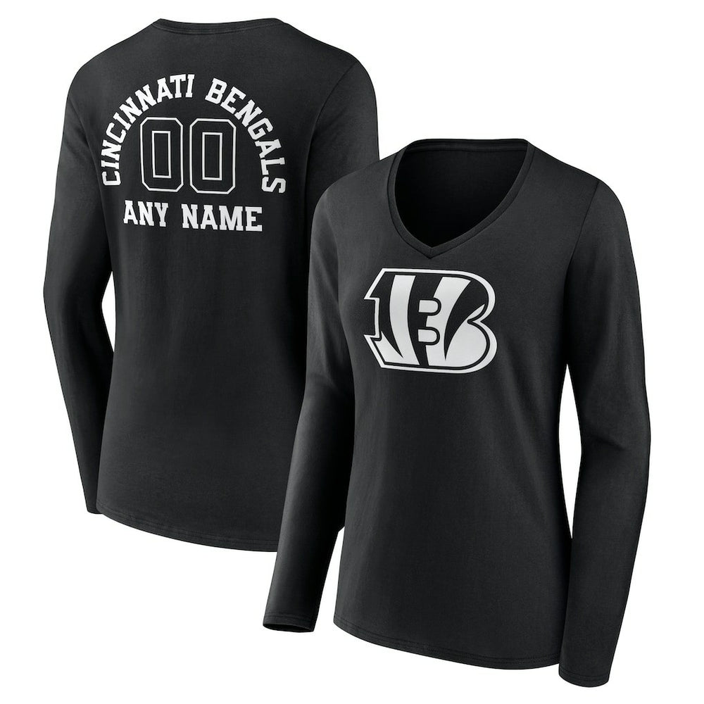 Women's Personalized Name & Number Monochrome Long Sleeve V-Neck T-Shirt - Cincinnati Bengals