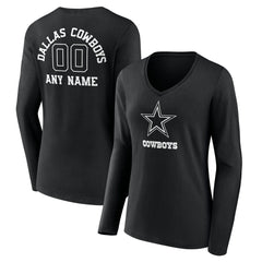Women's Personalized Name & Number Monochrome Long Sleeve V-Neck T-Shirt - Dallas Cowboys