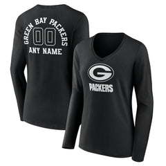 Women's Personalized Name & Number Monochrome Long Sleeve V-Neck T-Shirt - Green Bay Packers