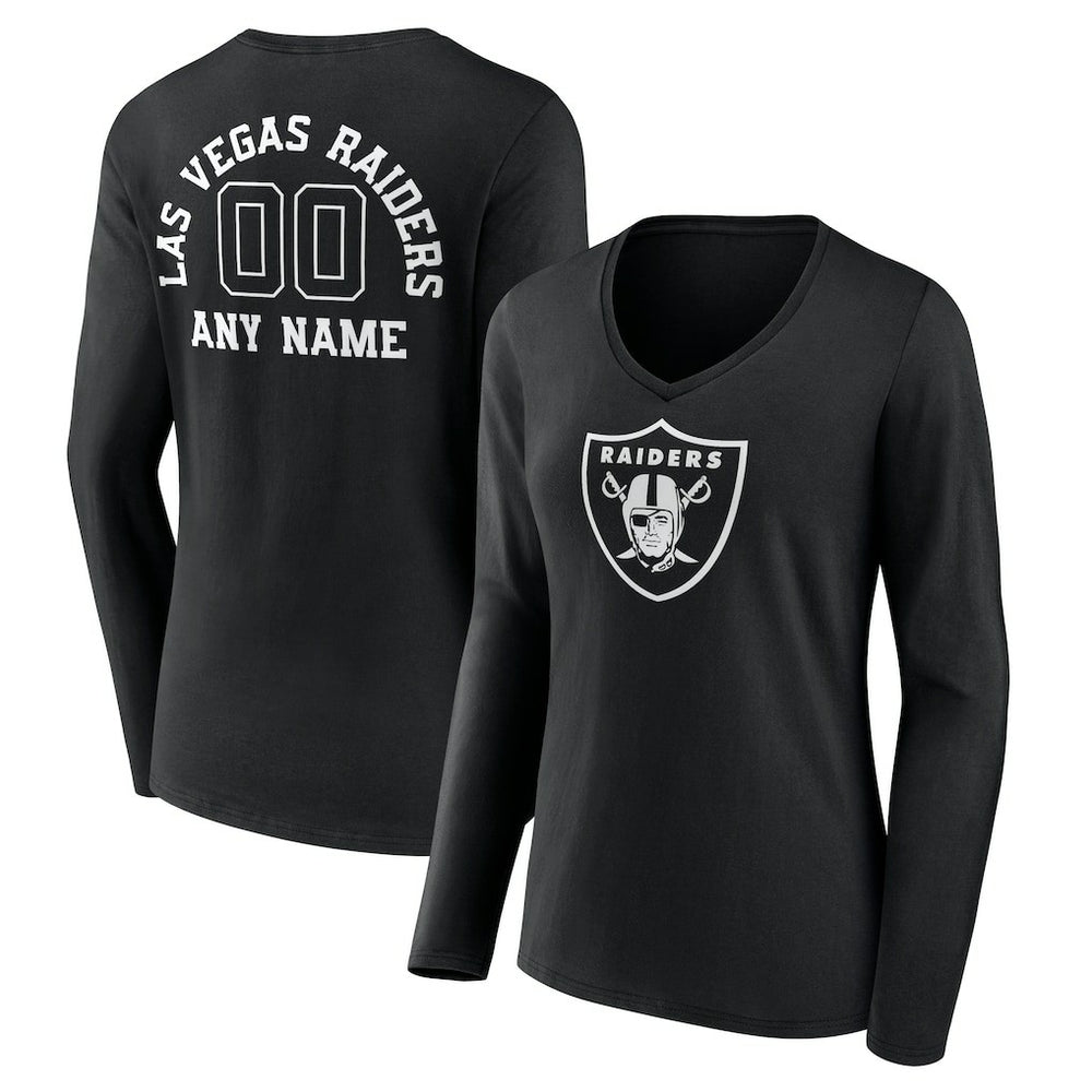 Women's Personalized Name & Number Monochrome Long Sleeve V-Neck T-Shirt - Las Vegas Raiders