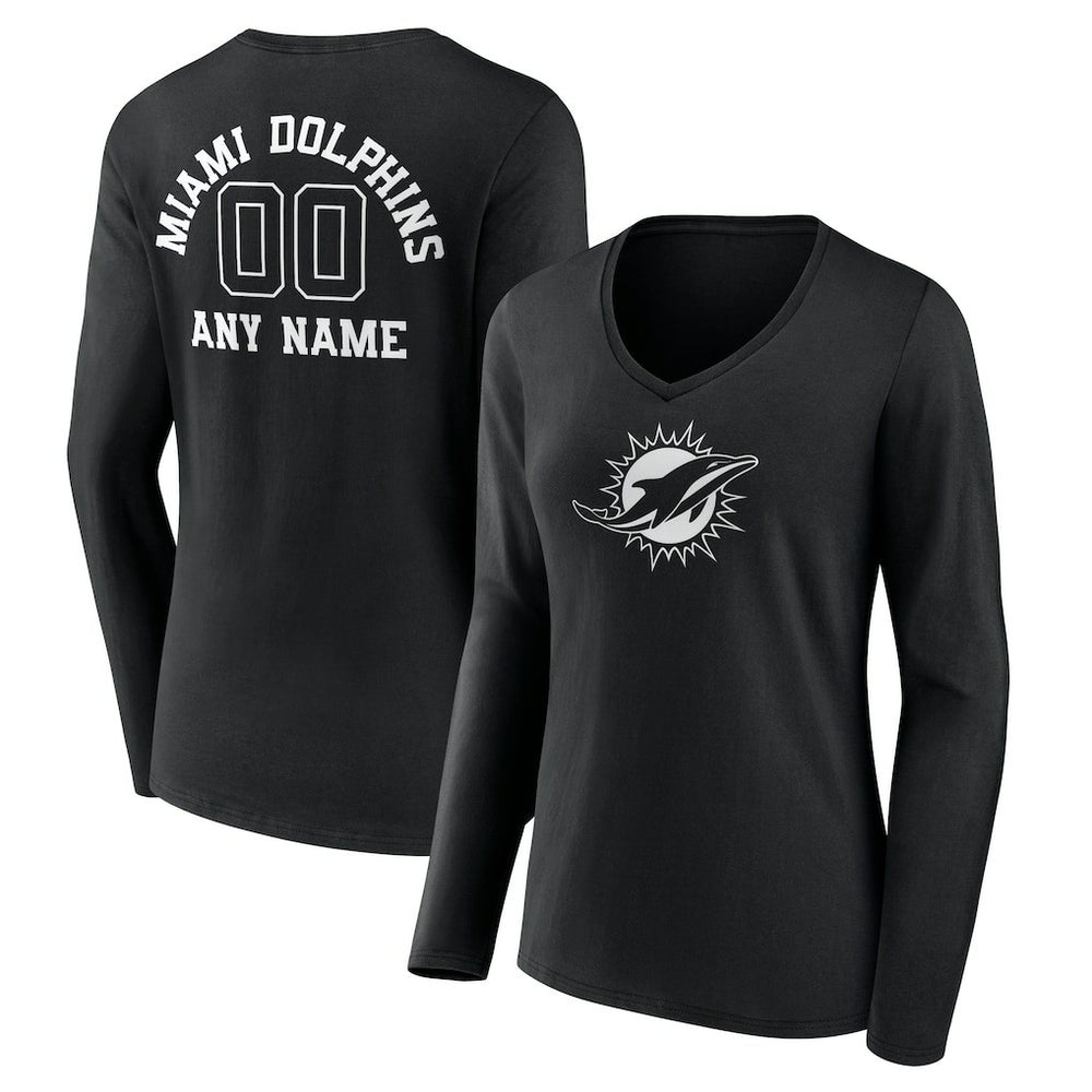 Women's Personalized Name & Number Monochrome Long Sleeve V-Neck T-Shirt - Miami Dolphins