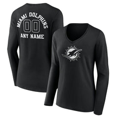 Women's Personalized Name & Number Monochrome Long Sleeve V-Neck T-Shirt - Miami Dolphins
