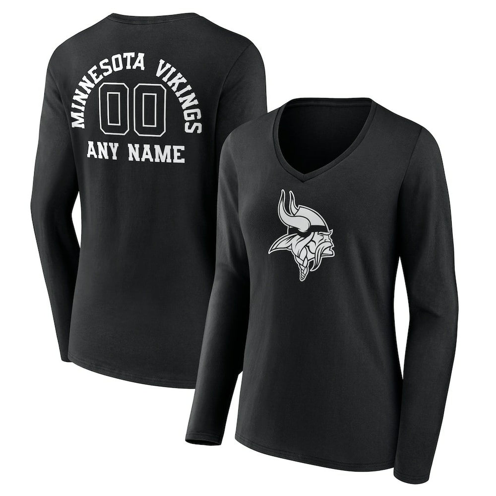 Women's Personalized Name & Number Monochrome Long Sleeve V-Neck T-Shirt - Minnesota Vikings