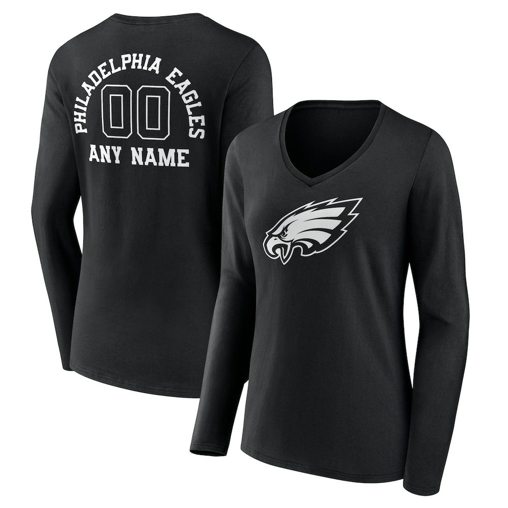 Women's Personalized Name & Number Monochrome Long Sleeve V-Neck T-Shirt - Philadelphia Eagles