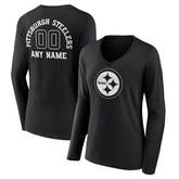 Women's Personalized Name & Number Monochrome Long Sleeve V-Neck T-Shirt - Pittsburgh Steelers