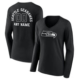 Women's Personalized Name & Number Monochrome Long Sleeve V-Neck T-Shirt - Seattle Seahawks