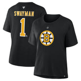 NHL Black Jeremy Swayman Boston Bruins Fanatics Women's Authentic Stack Name & Number T-Shirt