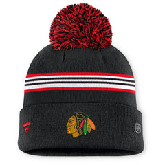 NHL Black Chicago Blackhawks Fanatics Women's Authentic Pro Rink Cuffed Knit Hat with Pom