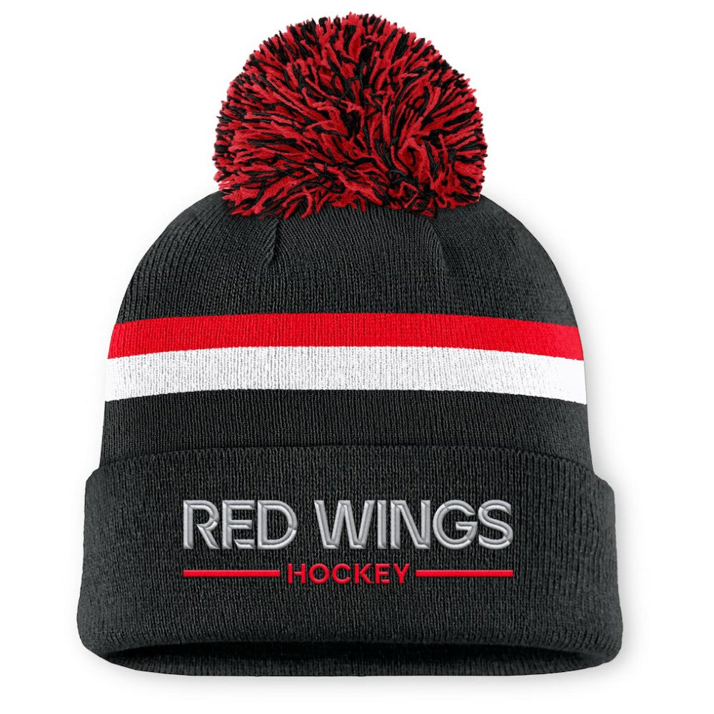 NHL Black Detroit Red Wings Fanatics Women's Authentic Pro Rink Cuffed Knit Hat with Pom