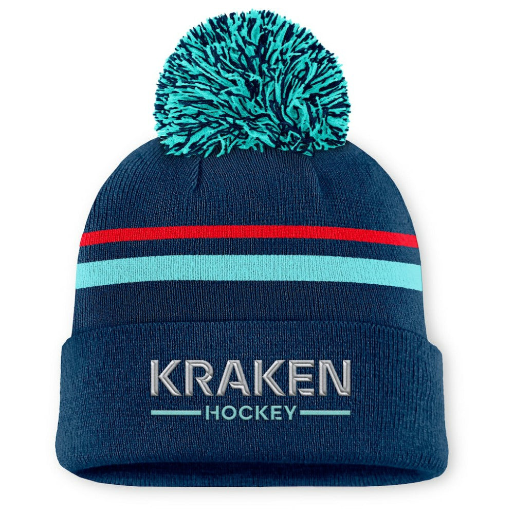 NHL Deep Sea Blue Seattle Kraken Fanatics Women's Authentic Pro Rink Cuffed Knit Hat with Pom
