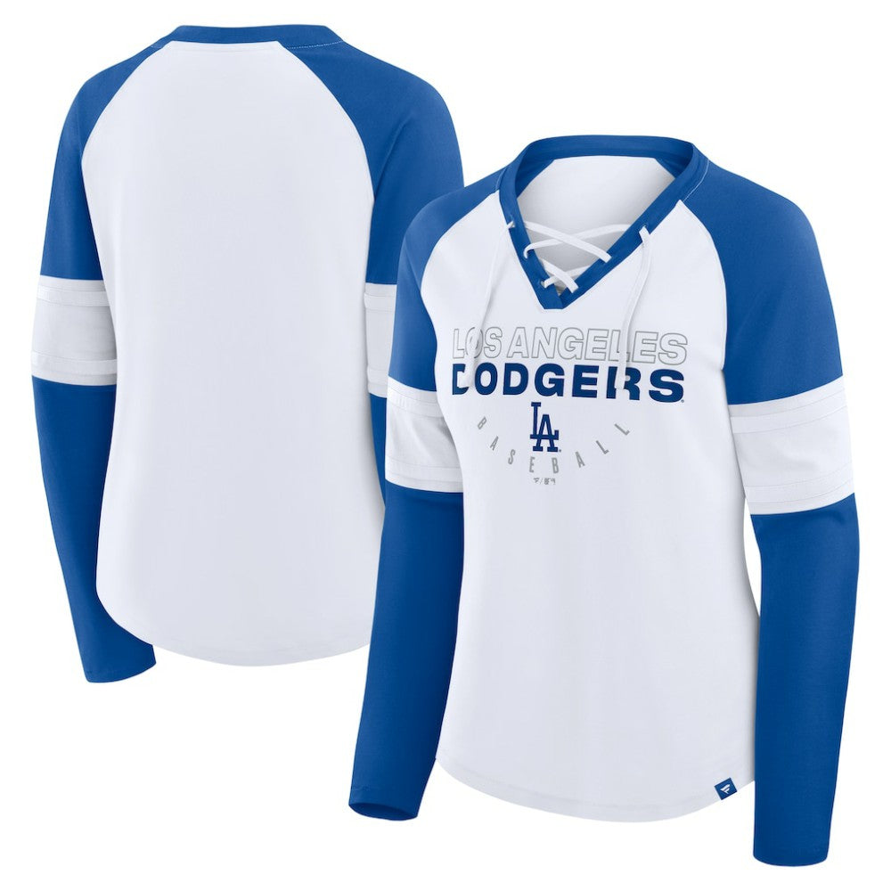 MLB Los Angeles Dodgers Fanatics Women's Blitz Package Raglan Lace-Up V-Neck Long Sleeve T-Shirt