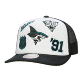 NHL White/Black San Jose Sharks Mitchell & Ness Gridlock Trucker Adjustable Hat