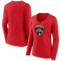 NHL Red Florida Panthers Women's Primary Logo Long Sleeve V-Neck T-Shirt