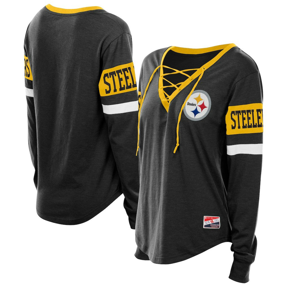 Women's Plus Size Throwback Lace-Up Long Sleeve T-Shirt - Pittsburgh Steelers