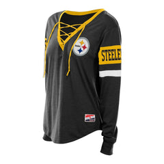 Women's Plus Size Throwback Lace-Up Long Sleeve T-Shirt - Pittsburgh Steelers