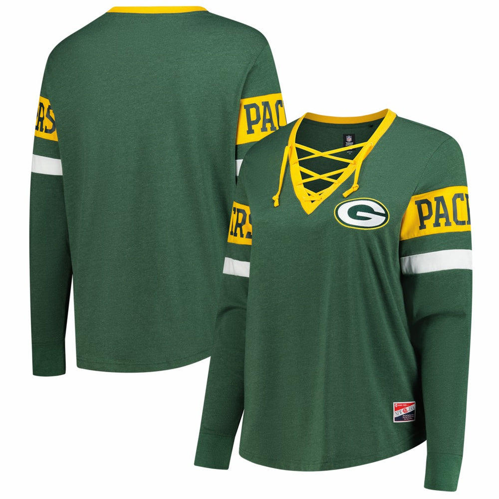 Women's Plus Size Throwback Lace-Up Long Sleeve T-Shirt - Green Bay Packers