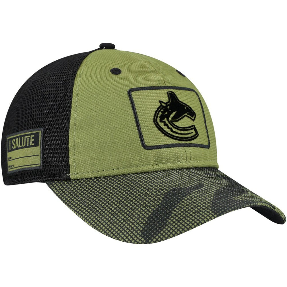 NHL Olive Vancouver Canucks Fanatics Military Appreciation Trucker Adjustable Hat