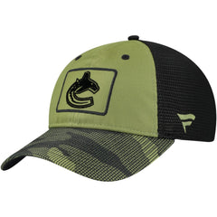 NHL Olive Vancouver Canucks Fanatics Military Appreciation Trucker Adjustable Hat