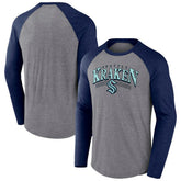 NHL Heather Gray/Heather Deep Sea Blue Seattle Kraken Fanatics Goal Crease Raglan Tri-Blend Long Sleeve T-Shirt