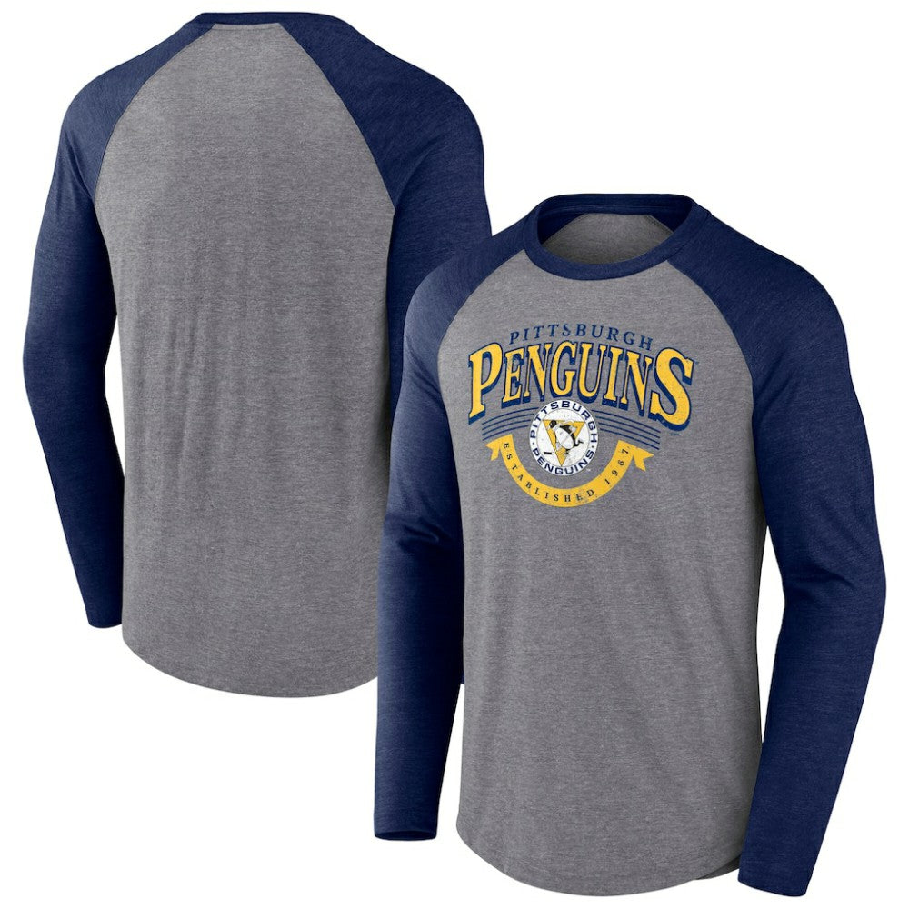 NHL Heather Gray/Heather Navy Pittsburgh Penguins Fanatics Goal Crease Raglan Tri-Blend Long Sleeve T-Shirt