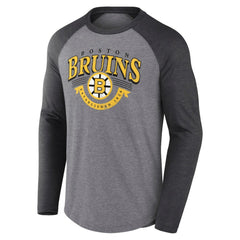 NHL Heather Gray/Heather Charcoal Boston Bruins Fanatics Goal Crease Raglan Tri-Blend Long Sleeve T-Shirt