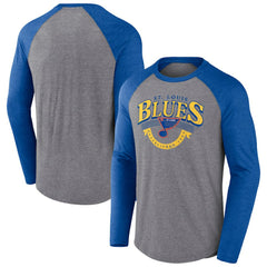 NHL Heather Gray/Heather Blue St. Louis Blues Fanatics Goal Crease Raglan Tri-Blend Long Sleeve T-Shirt