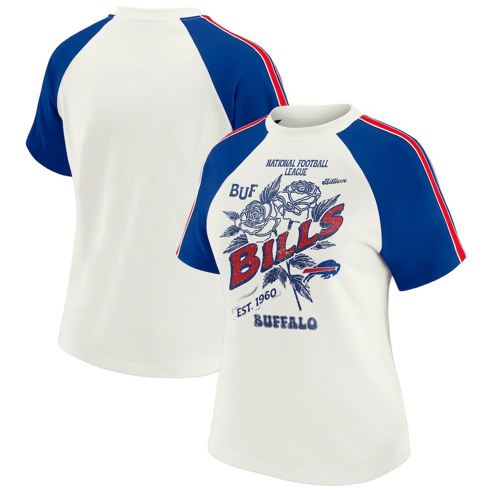 WEAR by Erin Andrews Women's Sleeve Stripe Distressed Raglan T-Shirt - Buffalo Bills