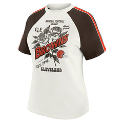 WEAR by Erin Andrews Women's Sleeve Stripe Distressed Raglan T-Shirt - Cleveland Browns