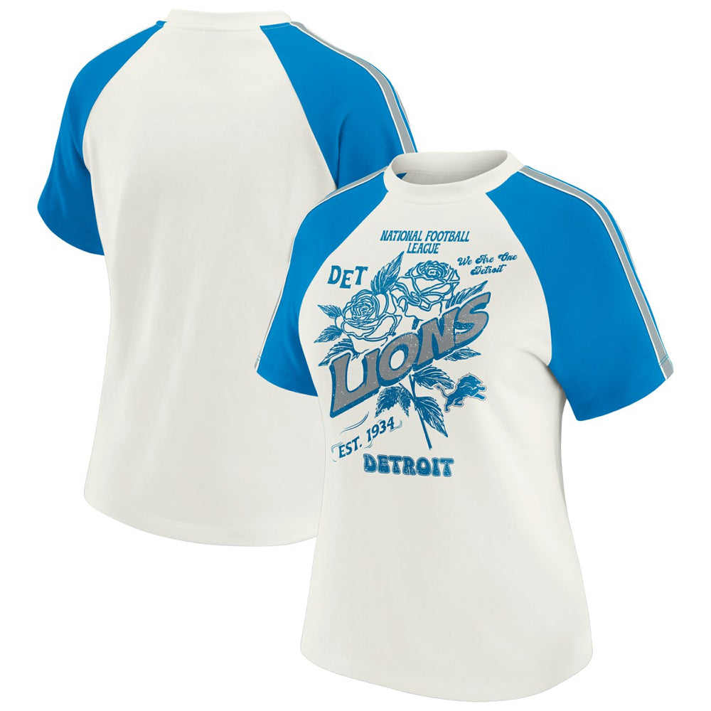 WEAR by Erin Andrews Women's Sleeve Stripe Distressed Raglan T-Shirt - Detroit Lions