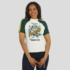 WEAR by Erin Andrews Women's Sleeve Stripe Distressed Raglan T-Shirt - Green Bay Packers