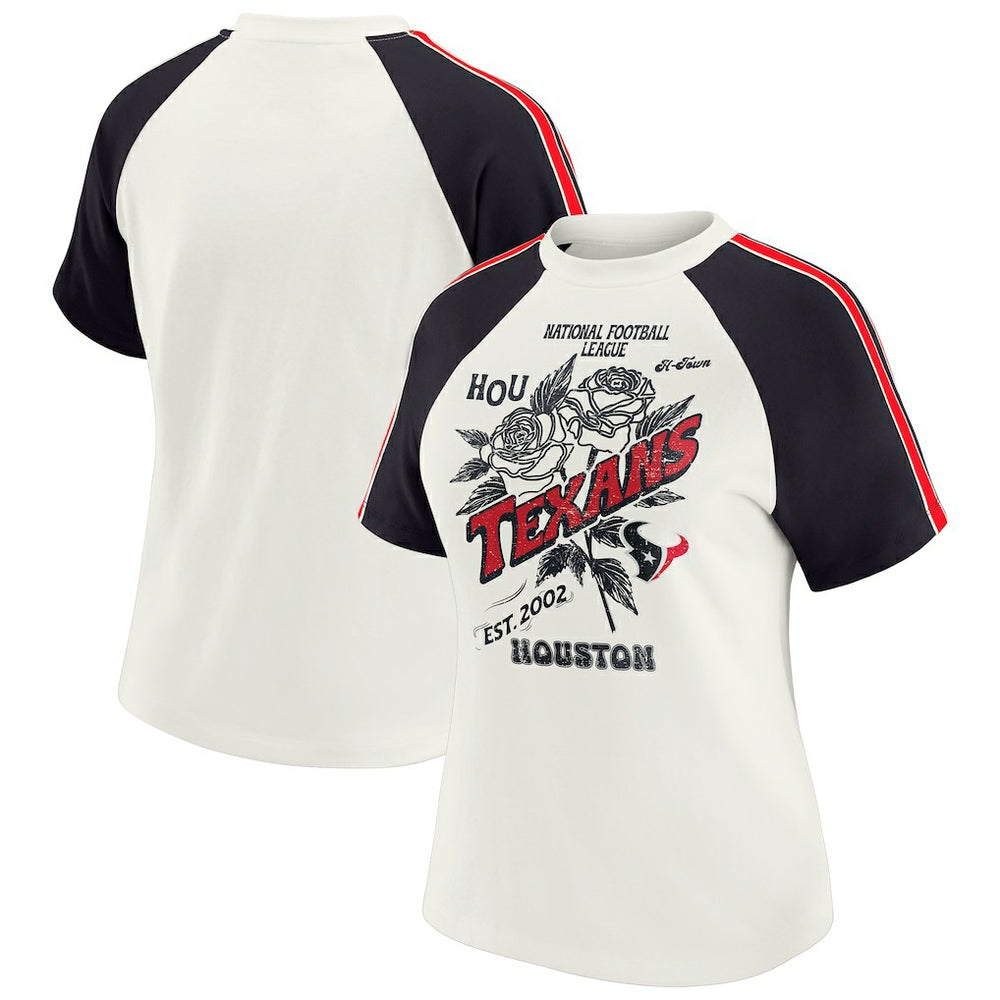 WEAR by Erin Andrews Women's Sleeve Stripe Distressed Raglan T-Shirt - Houston Texans
