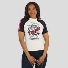 WEAR by Erin Andrews Women's Sleeve Stripe Distressed Raglan T-Shirt - Houston Texans