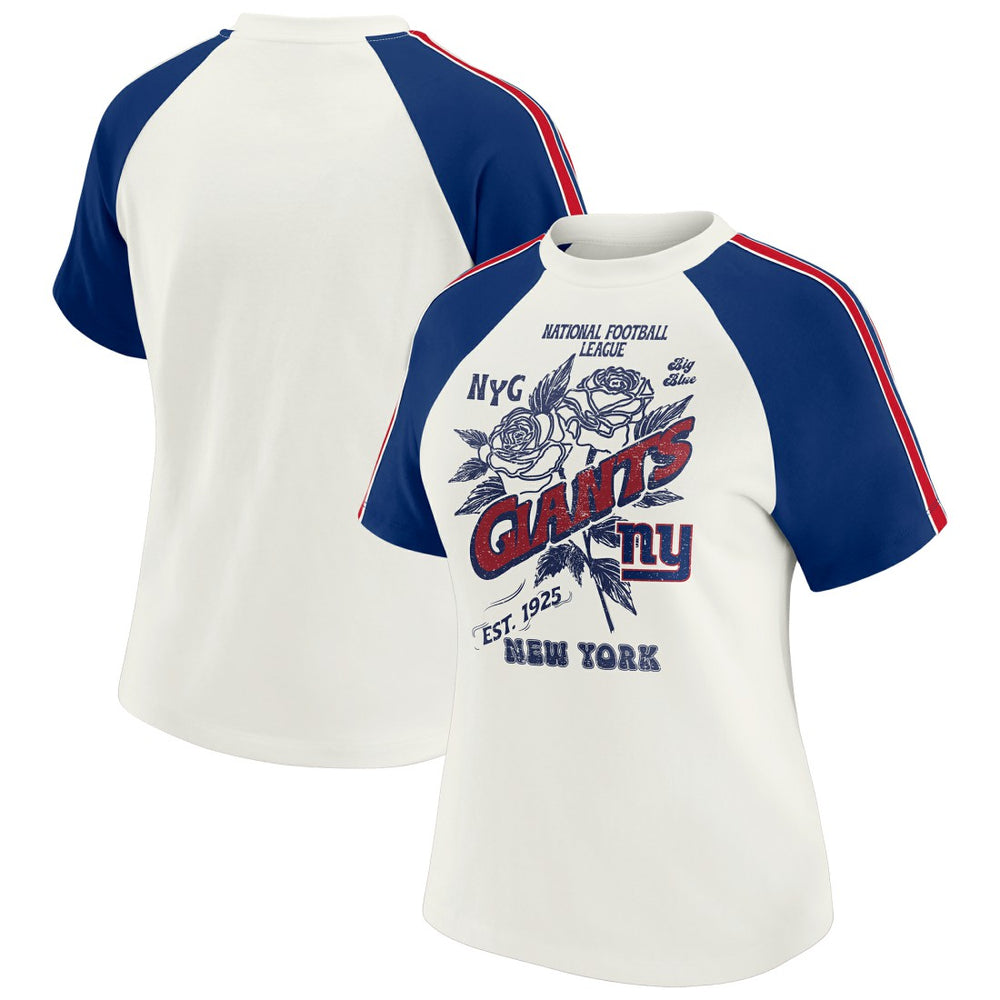 WEAR by Erin Andrews Women's Sleeve Stripe Distressed Raglan T-Shirt - New York Giants