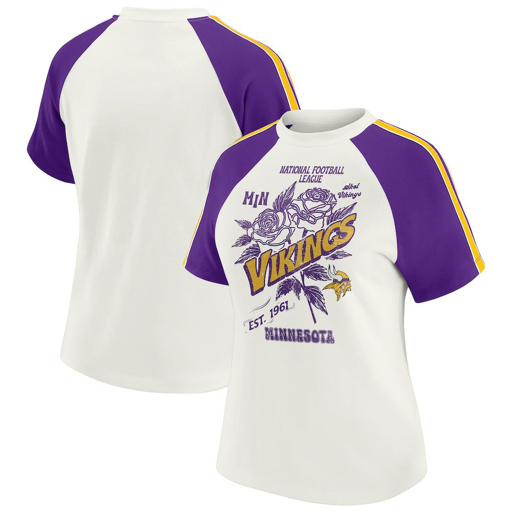 WEAR by Erin Andrews Women's Sleeve Stripe Distressed Raglan T-Shirt - Minnesota Vikings