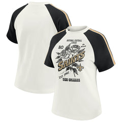 WEAR by Erin Andrews Women's Sleeve Stripe Distressed Raglan T-Shirt - New Orleans Saints