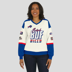 WEAR by Erin Andrews Women's Racing Crew V-Neck Sweatshirt - Buffalo Bills