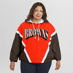 WEAR by Erin Andrews Women's Plus Size Retro Crinkle Full-Zip Hoodie Windbreaker Jacket - Cleveland Browns