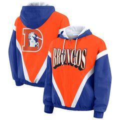 WEAR by Erin Andrews Women's Plus Size Retro Crinkle Full-Zip Hoodie Windbreaker Jacket - Denver Broncos