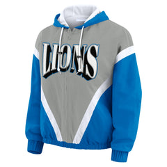WEAR by Erin Andrews Women's Plus Size Retro Crinkle Full-Zip Hoodie Windbreaker Jacket - Detroit Lions