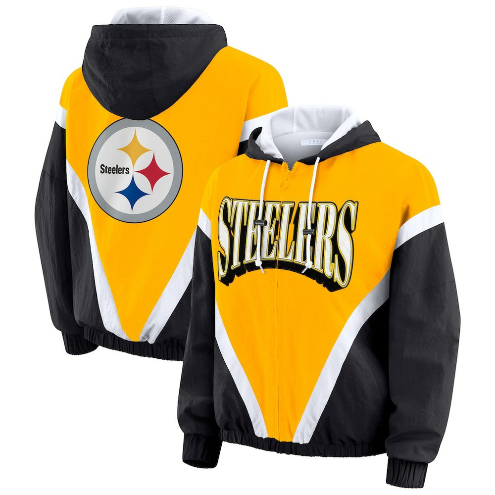 WEAR by Erin Andrews Women's Plus Size Retro Crinkle Full-Zip Hoodie Windbreaker Jacket - Pittsburgh Steelers