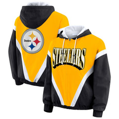 WEAR by Erin Andrews Women's Plus Size Retro Crinkle Full-Zip Hoodie Windbreaker Jacket - Pittsburgh Steelers