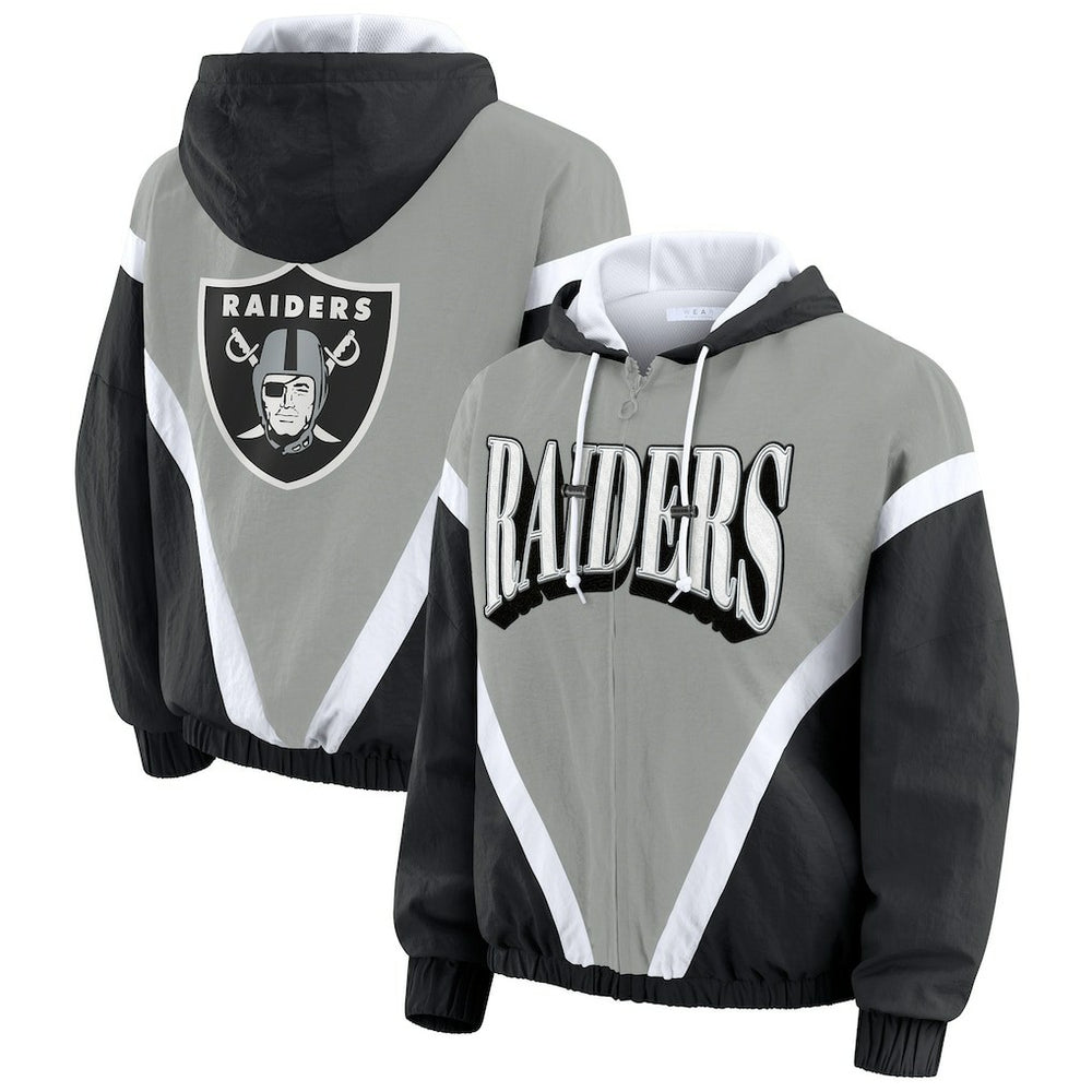 WEAR by Erin Andrews Women's Retro Crinkle Full-Zip Hoodie Windbreaker - Las Vegas Raiders