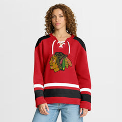 NHL Athletic Red Chicago Blackhawks Fanatics Women's Icing Long Sleeve Lace Up Sweatshirt